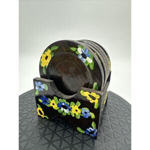 Hand Painted Lacquered Wood Coasters Hand Painter with Caddy Set Of 6